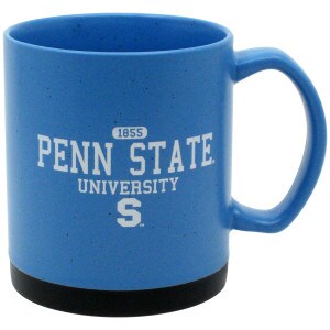 light blue speckled mug with 1855 Penn State University and large block S